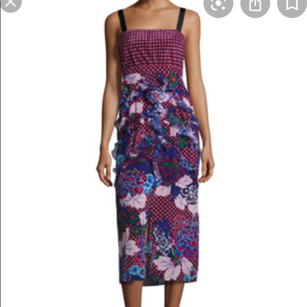 NWT Saloni Floral-Print Dotted Midi Dress - Picture 2 of 9
